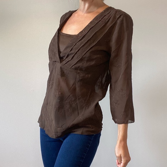 Bohemian Brown Embroidered Chiffon 3/4 Sleeve Top - Picture 4 of 14